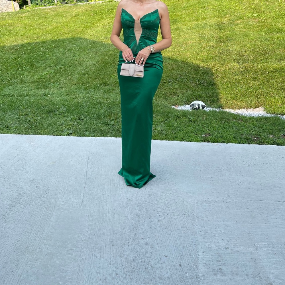 Emerald Green Strapless Maxi Dress with Sheer Plunge